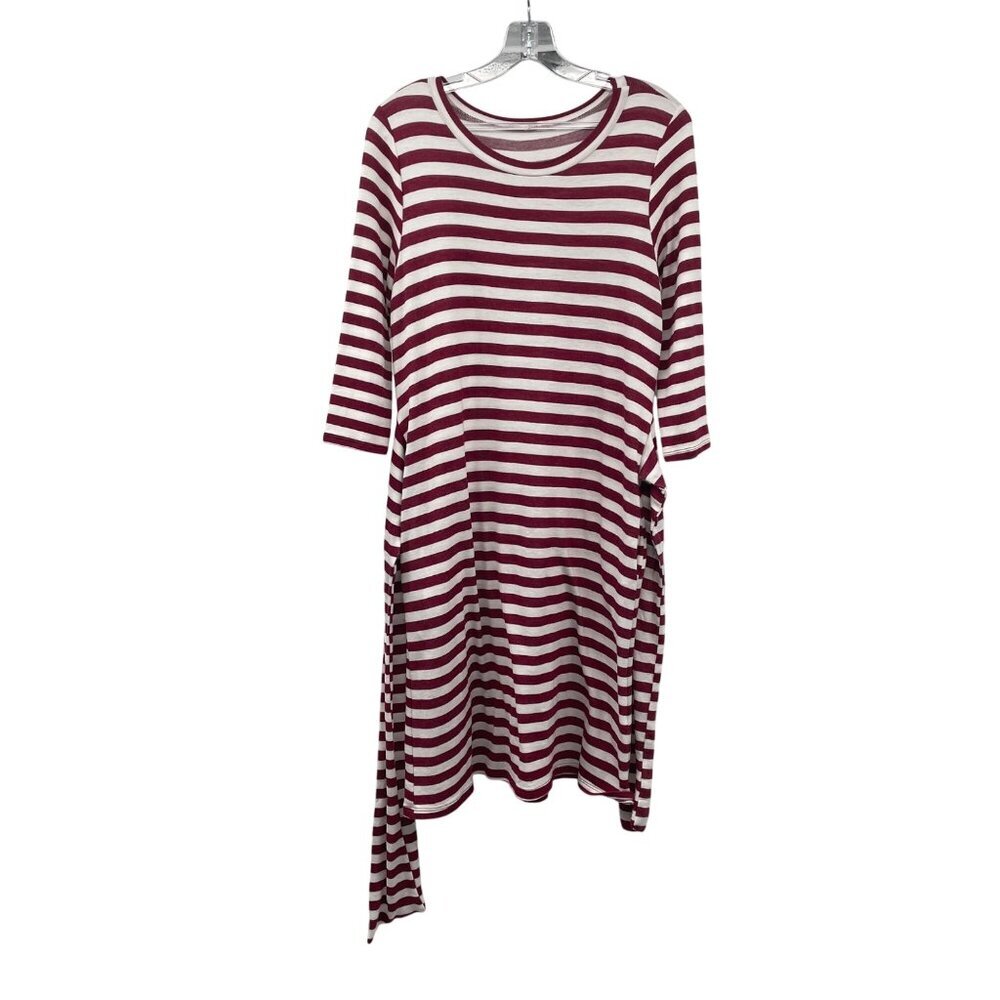 Lake Flower Striped Shift Dress 3/4 Sleeve Burgundy/White Size Medium Belted